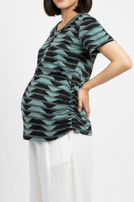 The Everyday Maternity and Nursing Basic Tee in Black on Green Geometric