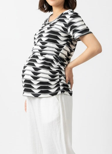 The Everyday Maternity and Nursing Basic Tee in Black on Cream Geometric