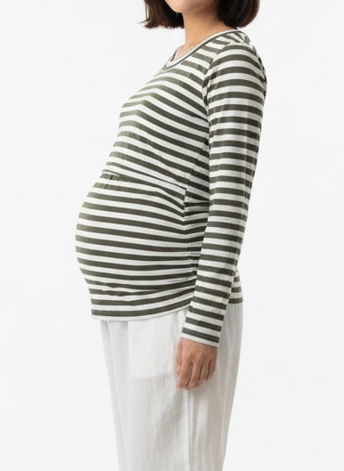 The Everyday Long-sleeve Crew Neck Tee in Green Olive Stripes  3110