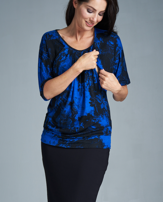 Operetta Maternity and Nursing Blouse in Cobalt Blue and Flowers